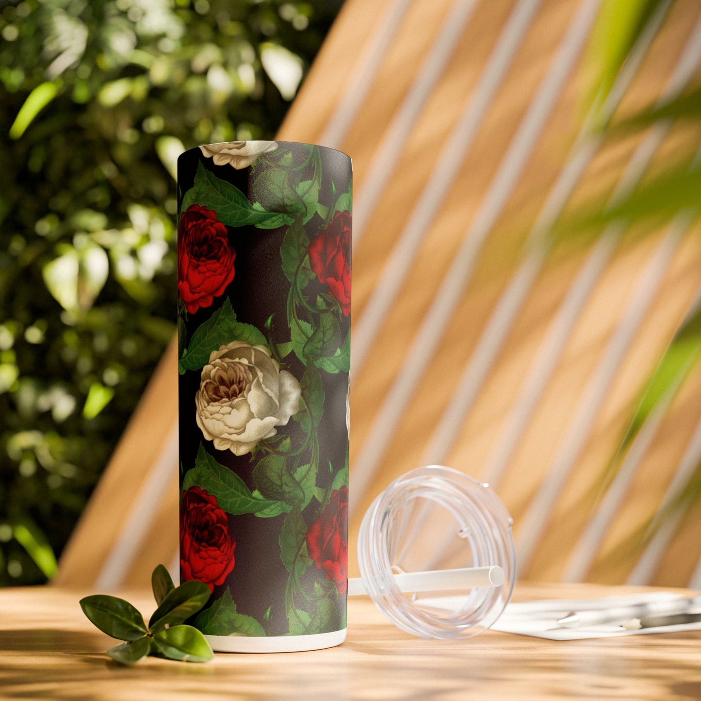 Red White Roses on Black Skinny Tumbler