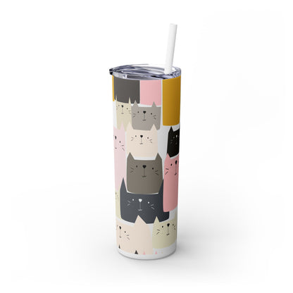 Pink Kitty, Gray Kitty Skinny Tumbler with Straw, 20oz