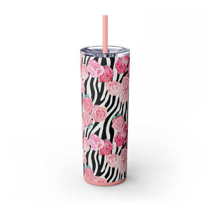 Tumbler with Straw, Zebra and Roses Design, 20oz