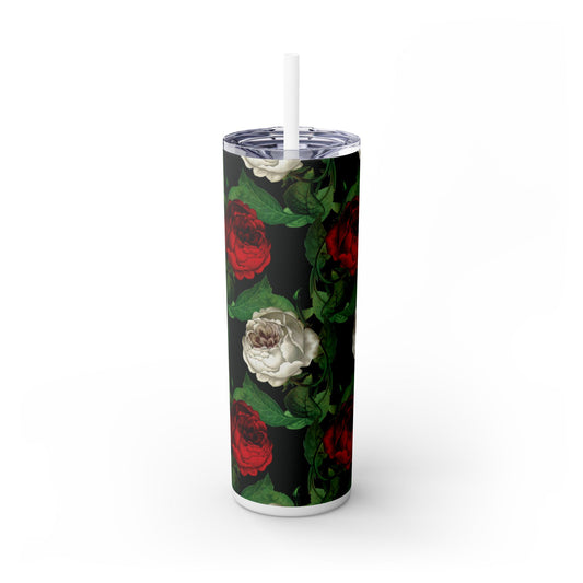 Red White Roses on Black Skinny Tumbler