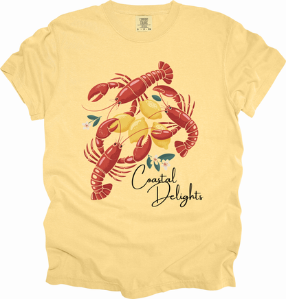T-Shirt Fisherman Aesthetic Shirt Coastal Delights w/ Lobsters and Lemons Tee Gift for Sea Lovers Maine the Coast