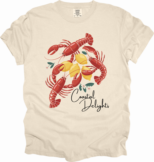 T-Shirt Fisherman Aesthetic Shirt Coastal Delights w/ Lobsters and Lemons Tee Gift for Sea Lovers Maine the Coast