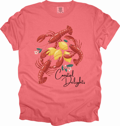 T-Shirt Fisherman Aesthetic Shirt Coastal Delights w/ Lobsters and Lemons Tee Gift for Sea Lovers Maine the Coast