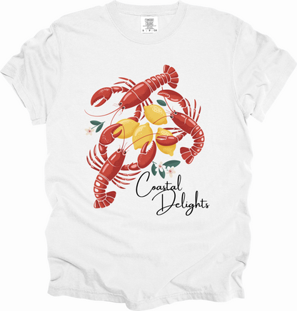 T-Shirt Fisherman Aesthetic Shirt Coastal Delights w/ Lobsters and Lemons Tee Gift for Sea Lovers Maine the Coast