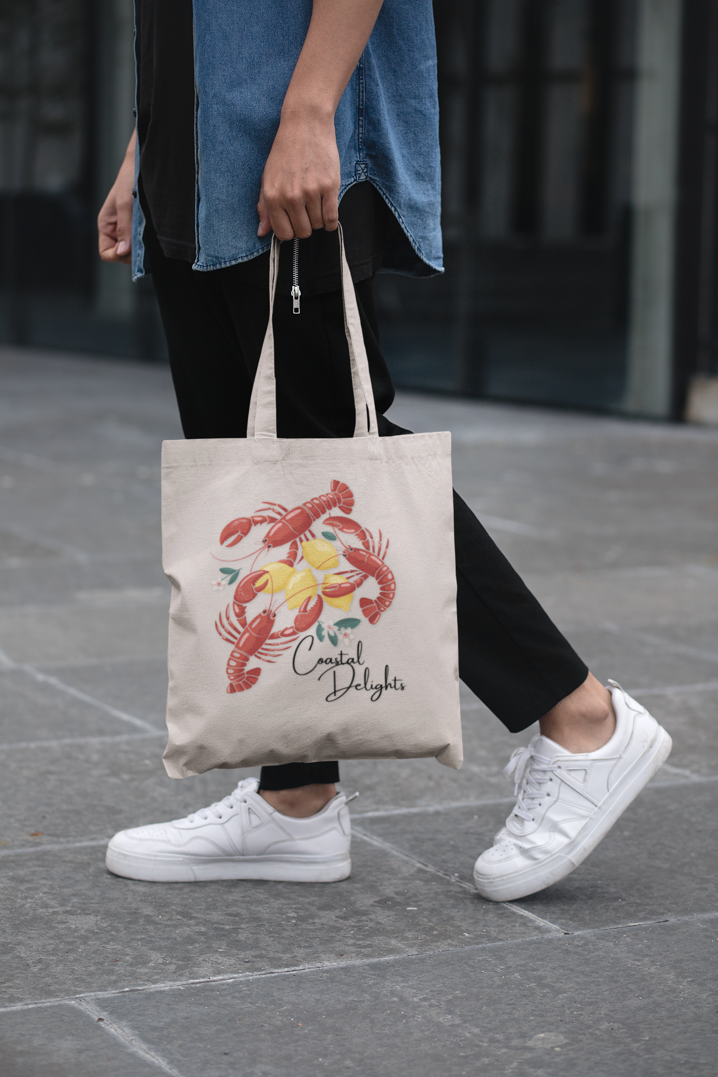 Lobster Print Cotton Canvas Tote Bag Seafood Lover Gift Beach Bag Grocery Tote Reusable Shopping Bag Coastal Decor Fisherman's Aesthetic