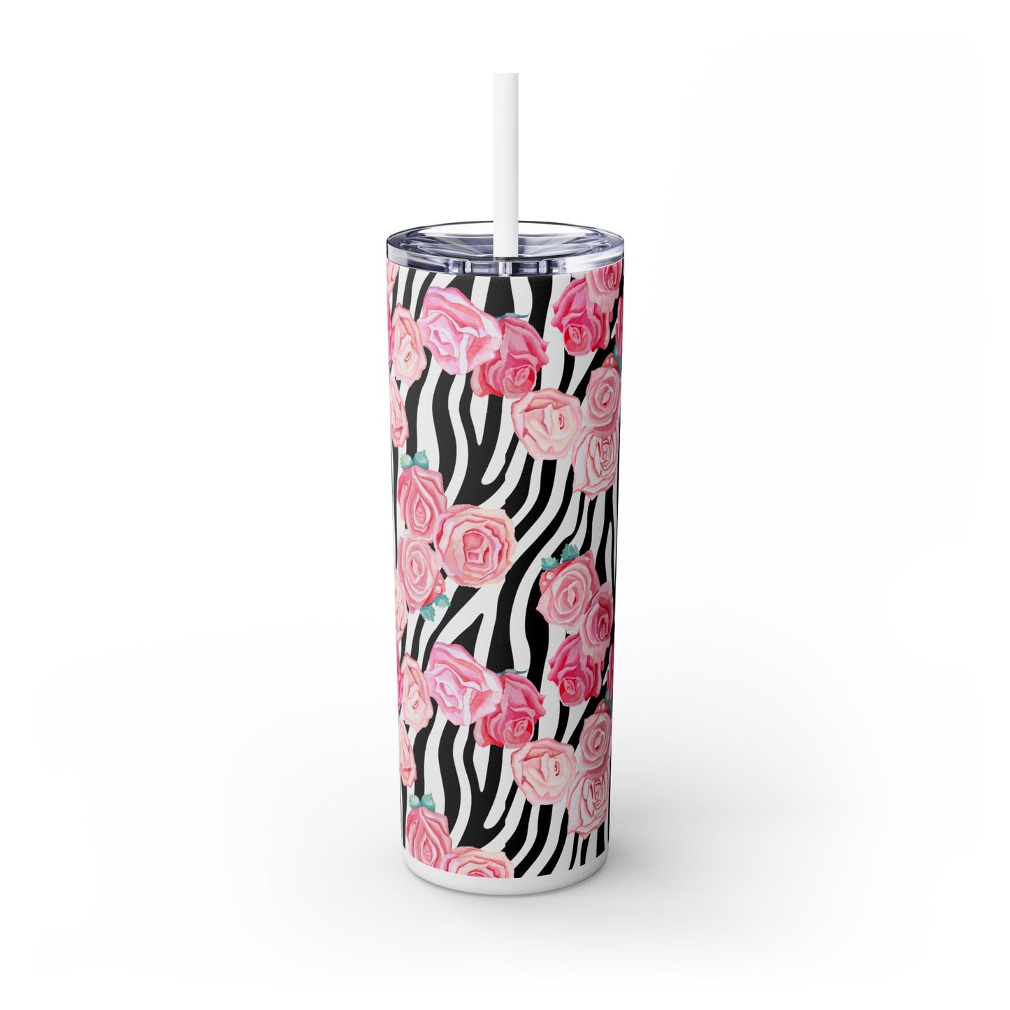 Tumbler with Straw, Zebra and Roses Design, 20oz