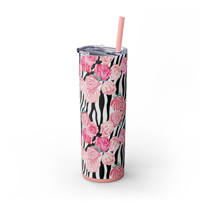 Tumbler with Straw, Zebra and Roses Design, 20oz