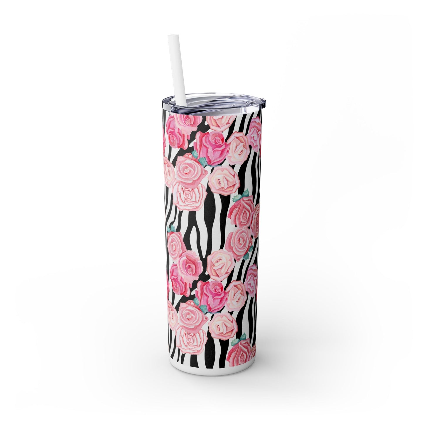 Tumbler with Straw, Zebra and Roses Design, 20oz