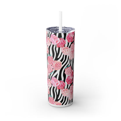 Tumbler with Straw, Zebra and Roses Design, 20oz