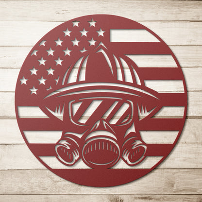Firefighter Helmet with Flag Metal Sign