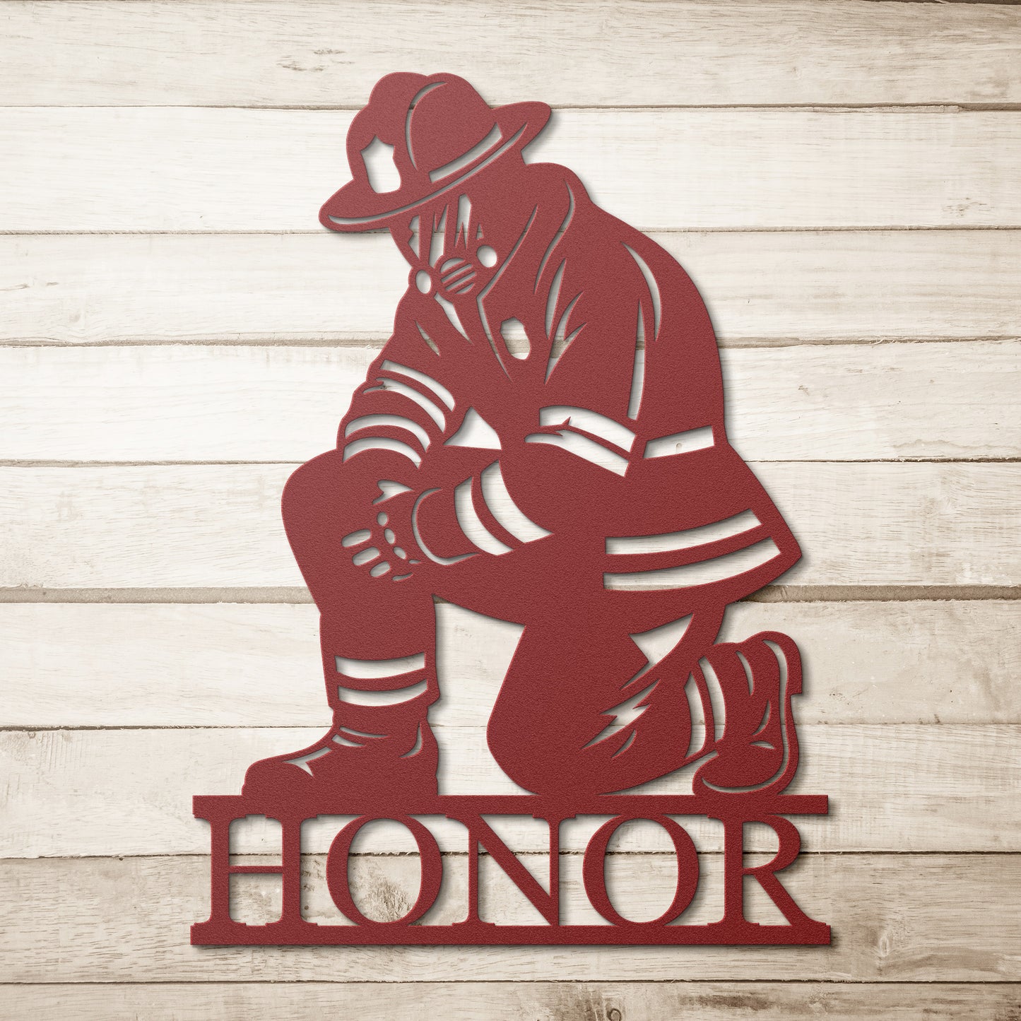 Firefighter Kneeling Honor Metal Sign
